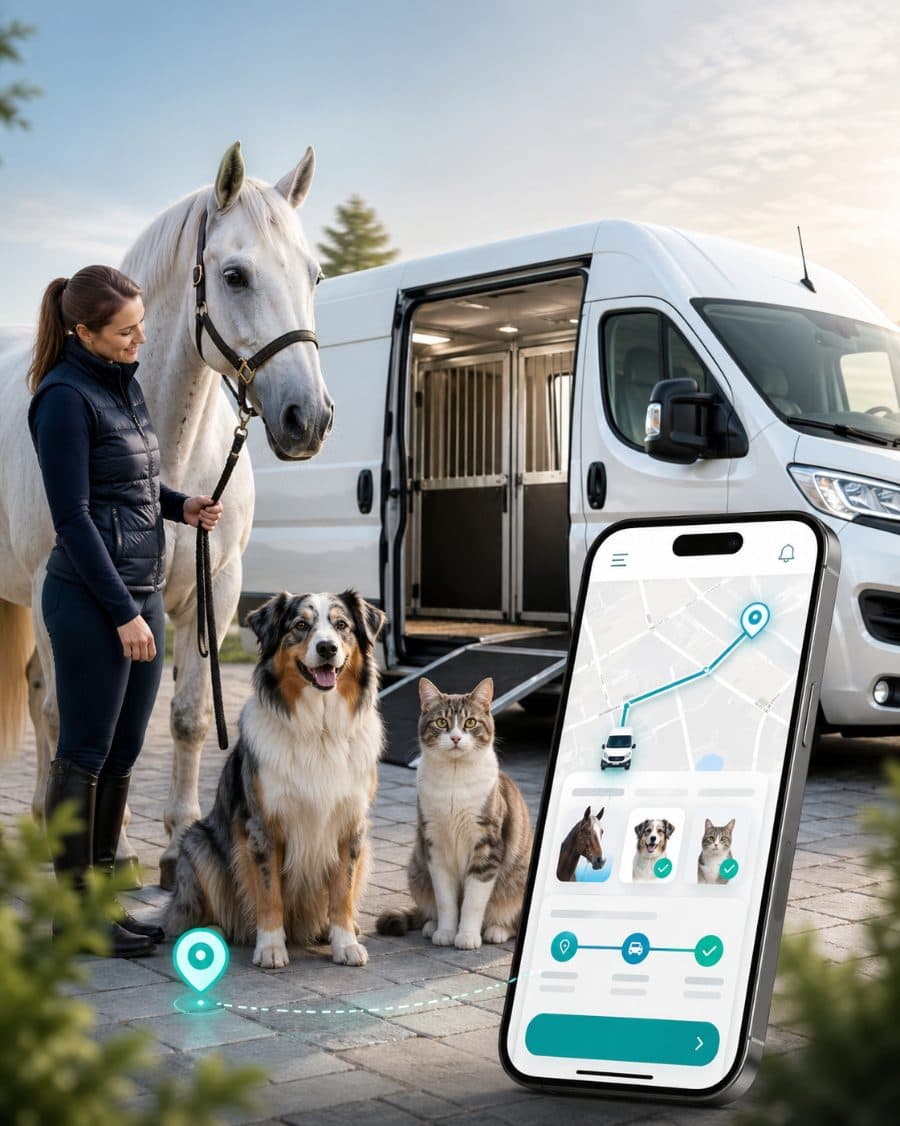Pferdetransport — Person mit Pferd, Hund und Katze vor offenem Transporter mit Move-your-animal App